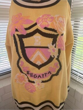 Escada Yellow Floral Crest Crewneck Sweater with Pink Accents